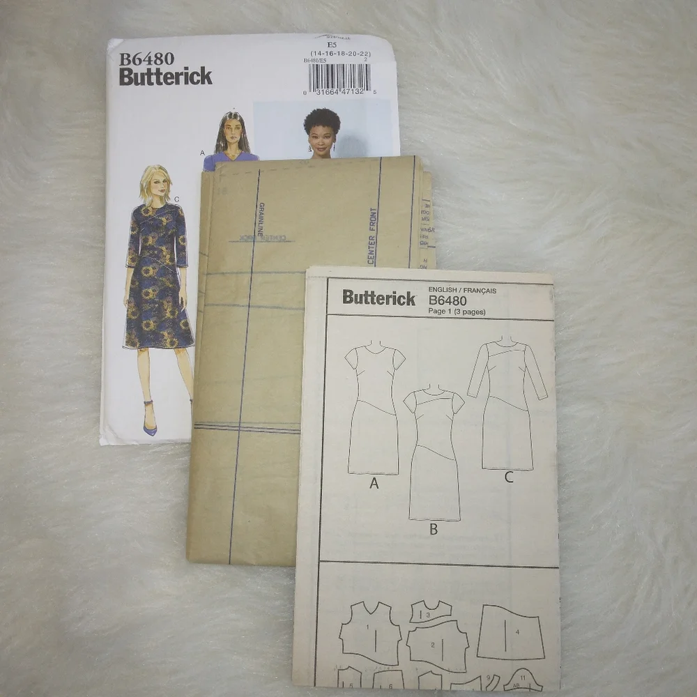 BUTTERICK B6480 SZ 14-22 EASY Misses fitted dress w/neckline sleeve variations